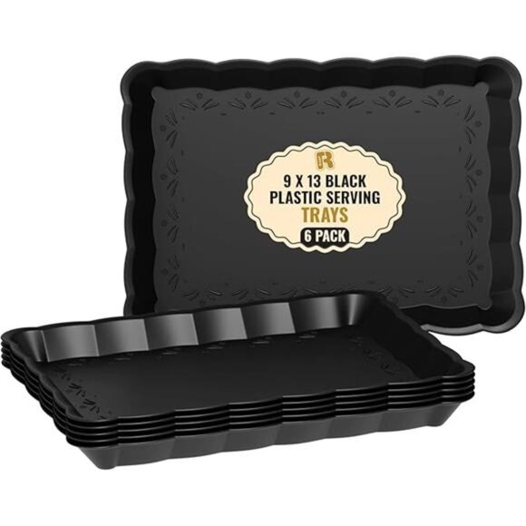 Black Serving Trays 6 Pack Plastic Party Platters Buffet Catering 9x13 Inches - Picture 6 of 6